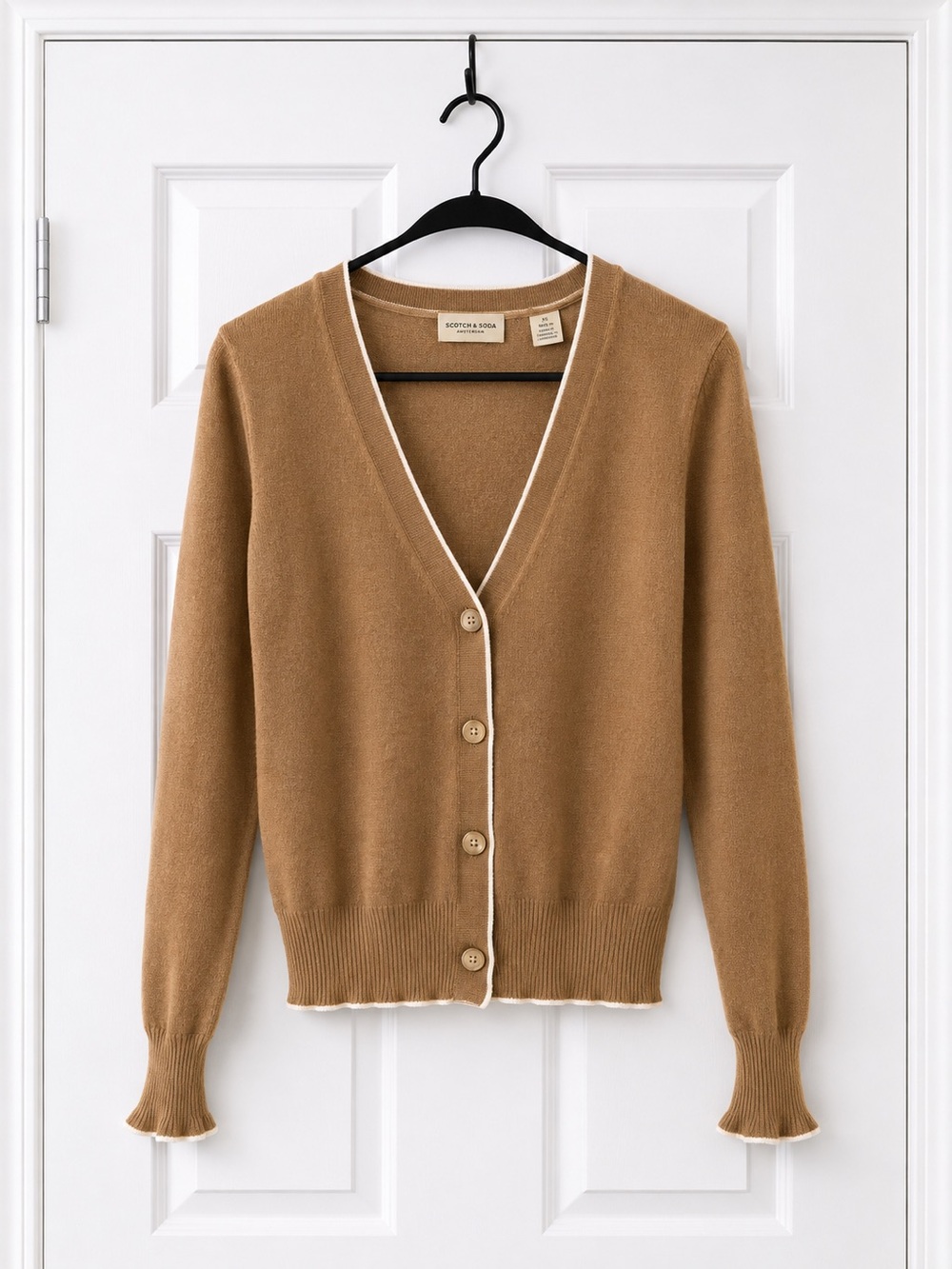 Scotch & Soda Ámsterdam Cardigan XS Camel Pointelle XXX Knit Sweater Cream Trim